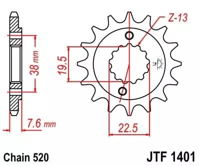 Pignon JT Sprockets 13 Dents Acier Pas 520 Type 1401 Suzuki LT-R450