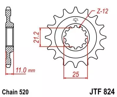 Pignon JT Sprockets 12 Dents Acier Pas 520 Type 824 Husqvarna