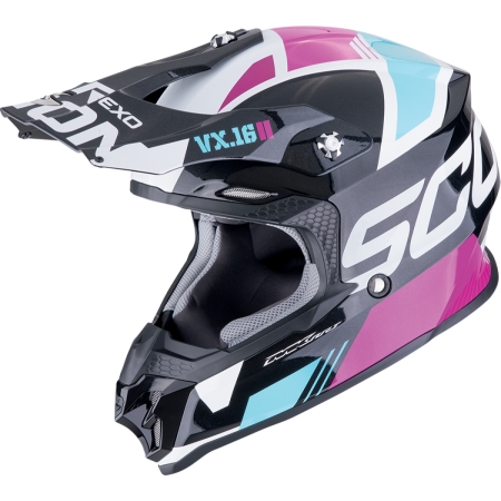 Casque Cross Scorpion VX-16 Evo Air Analog Noir Métal Bleu Rose
