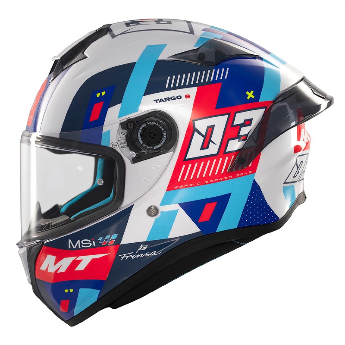 Casque MT Helmets Targo S Sergio Garcia 2024 D7 Blanc Bleu Rouge Brillant