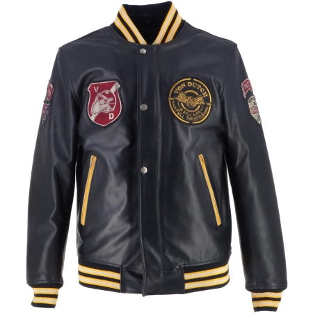 Blouson Helstons Von Dutch Collegian Cuir Rag Noir Jaune
