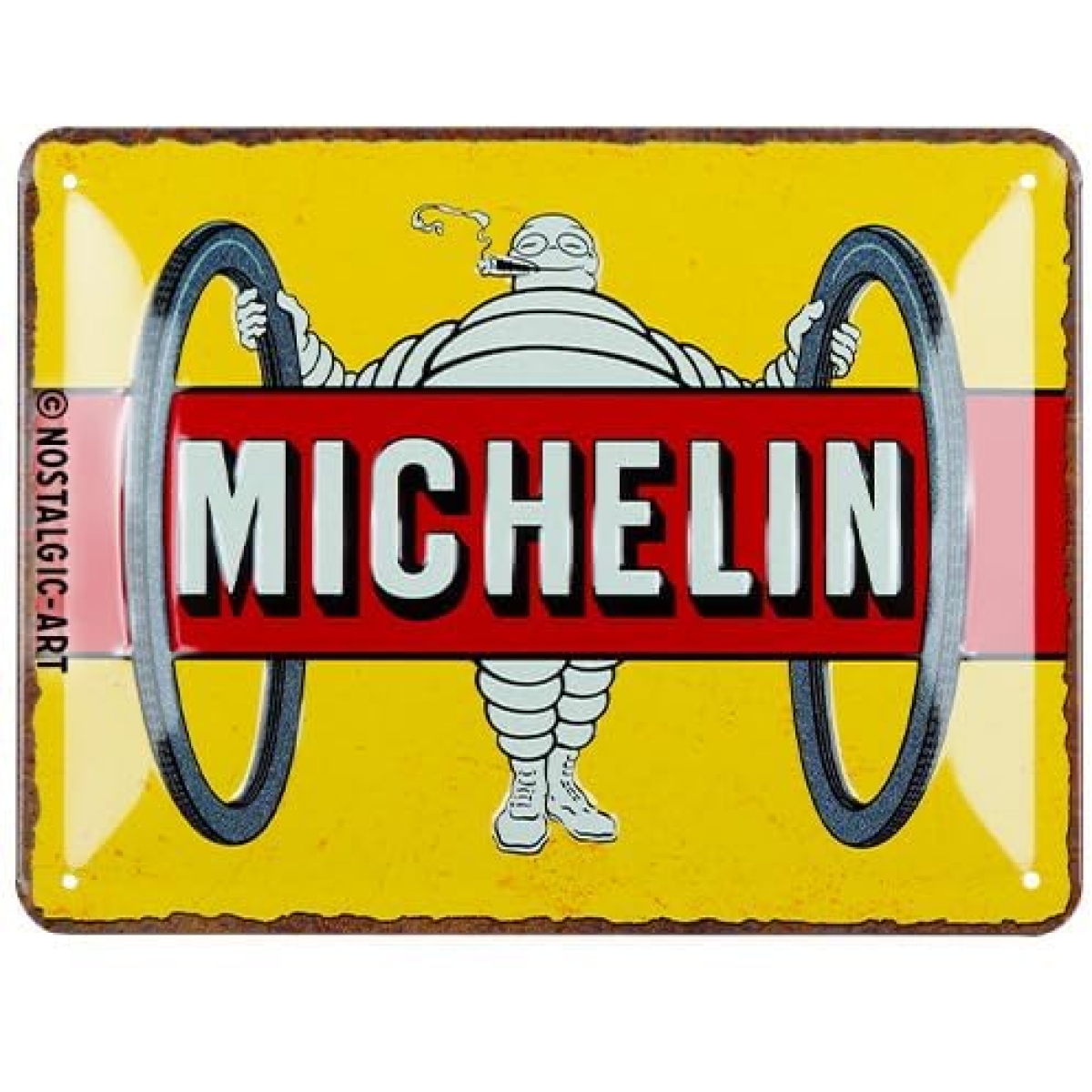 Plaque Métal Nostalgic Art Michelin Pneumatique Bibendum Jaune 15x20cm