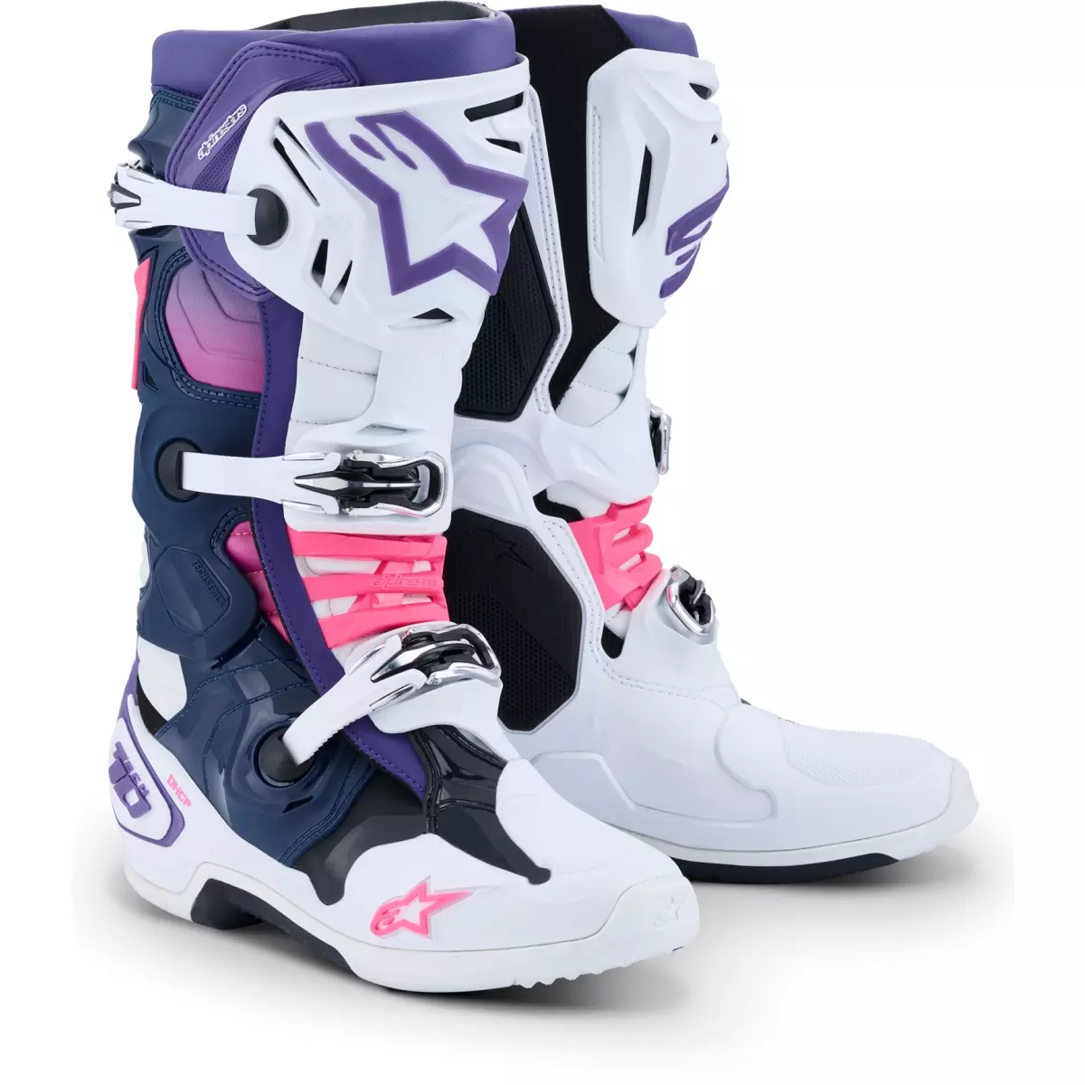 Bottes Cross Alpinestars Tech 10 Blanc Violet Bleu Marine Rose Fluo