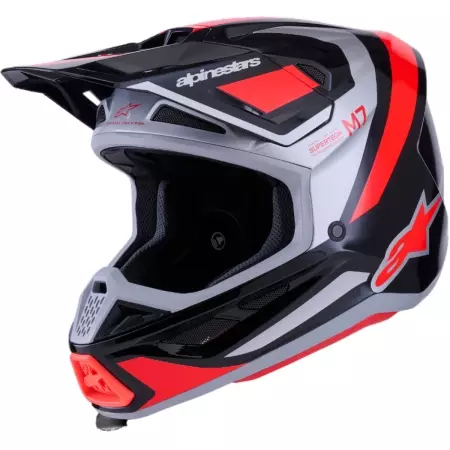 Casque Cross Alpinestars SM7 Rise Noir Argent Rouge Fluo - Casque Cross ALPINESTARS
