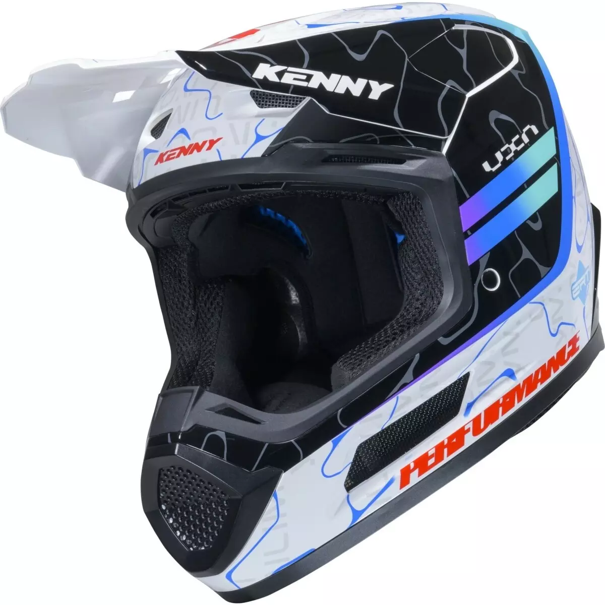 Casque Cross Kenny Performance Graphic + Wave Blanc Noir Bleu Brillant ...