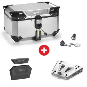 Pack Complet Givi Top Case Trekker Outback Evo Smart Alu Anodisé 58L + Platine M8A + Barillet + Dosseret