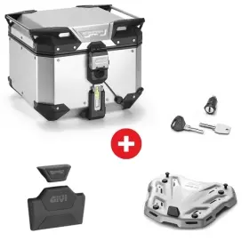 Pack Complet Givi Top Case Trekker Outback Evo Smart Alu Anodisé 42L + Platine M9A + Barillet + Dosseret