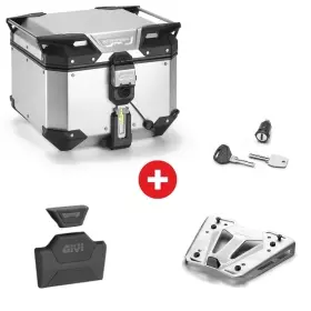 Pack Complet Givi Top Case Trekker Outback Evo Smart Alu Anodisé 42L + Platine M8A + Barillet + Dosseret