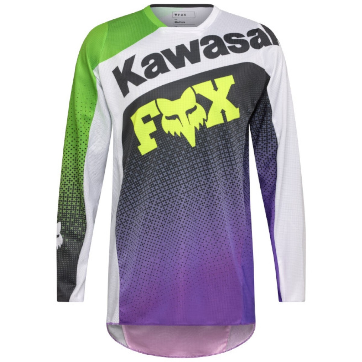 Maillot Cross Fox 180 Kawasaki Blanc Violet Jaune Fluo