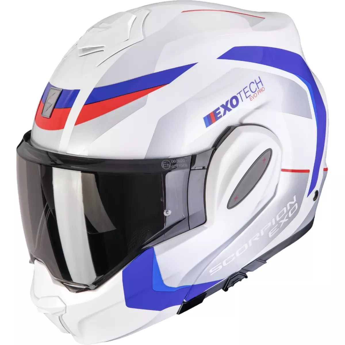 Casque Scorpion Exo-Tech Evo Pro Acuti Blanc Bleu Rouge Brillant