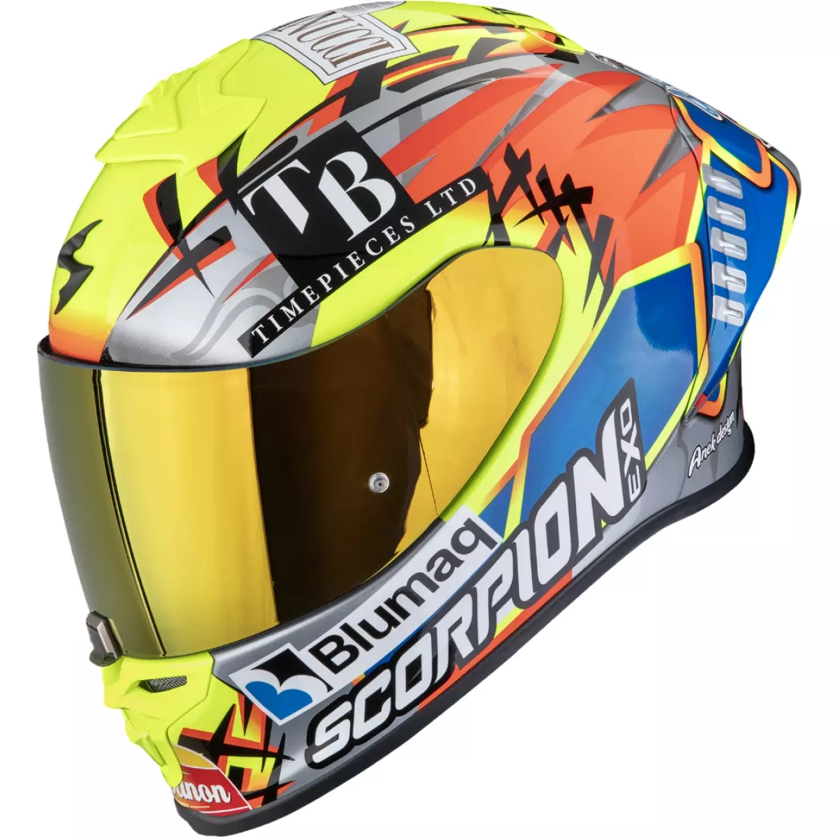 Casque Scorpion Exo-R1 Evo II Air Aron Misano Argent Jaune Fluo Bleu Brillant