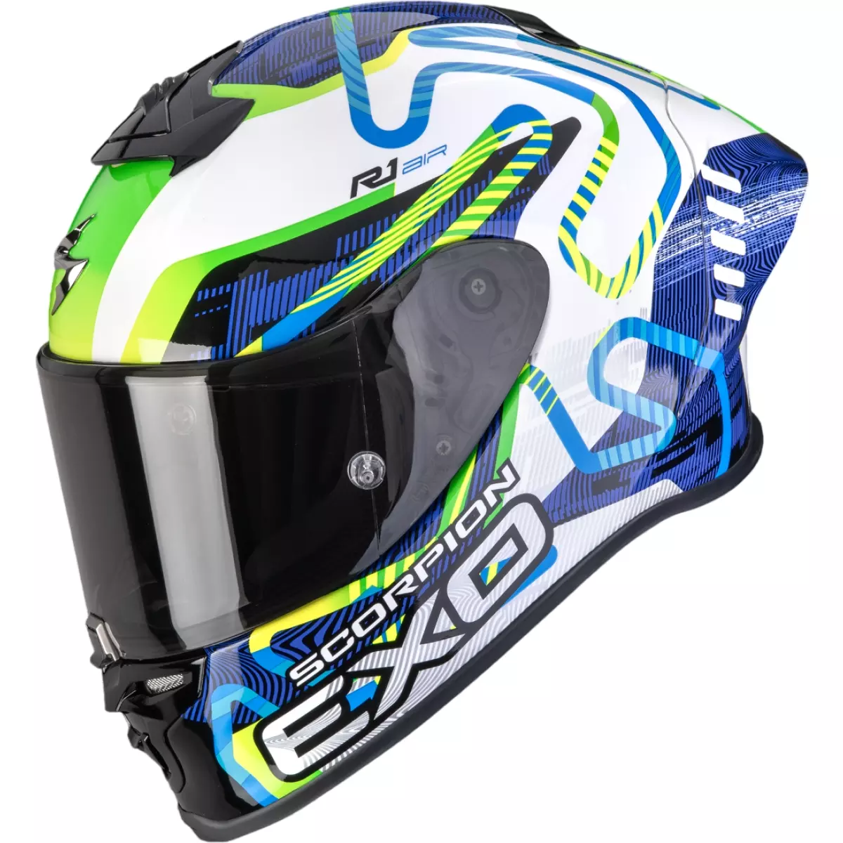 Casque Scorpion Exo-R1 Evo II Air Cornering Blanc Bleu Vert