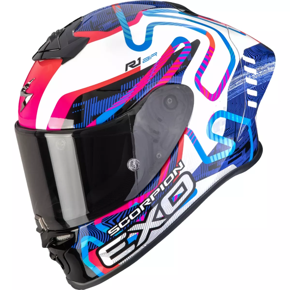 Casque Scorpion Exo-R1 Evo II Air Cornering Blanc Bleu Rose