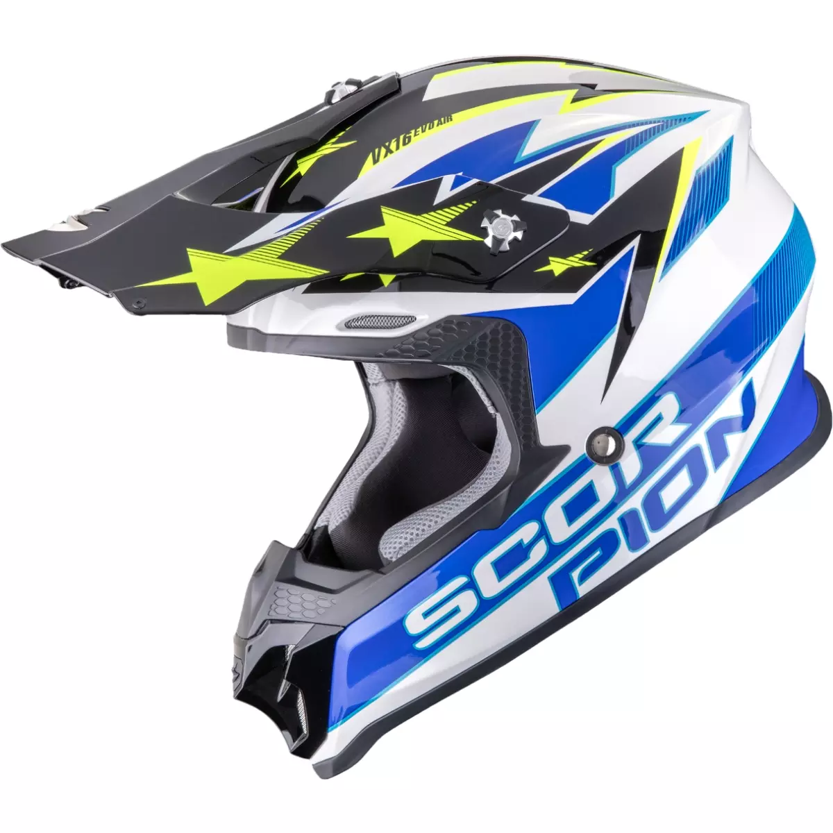 Casque Cross Scorpion VX-16 Evo Air Patriot Blanc Bleu Jaune