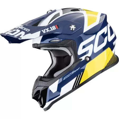 Casque Cross Scorpion VX-16 Evo Air Analog Blanc Bleu Jaune