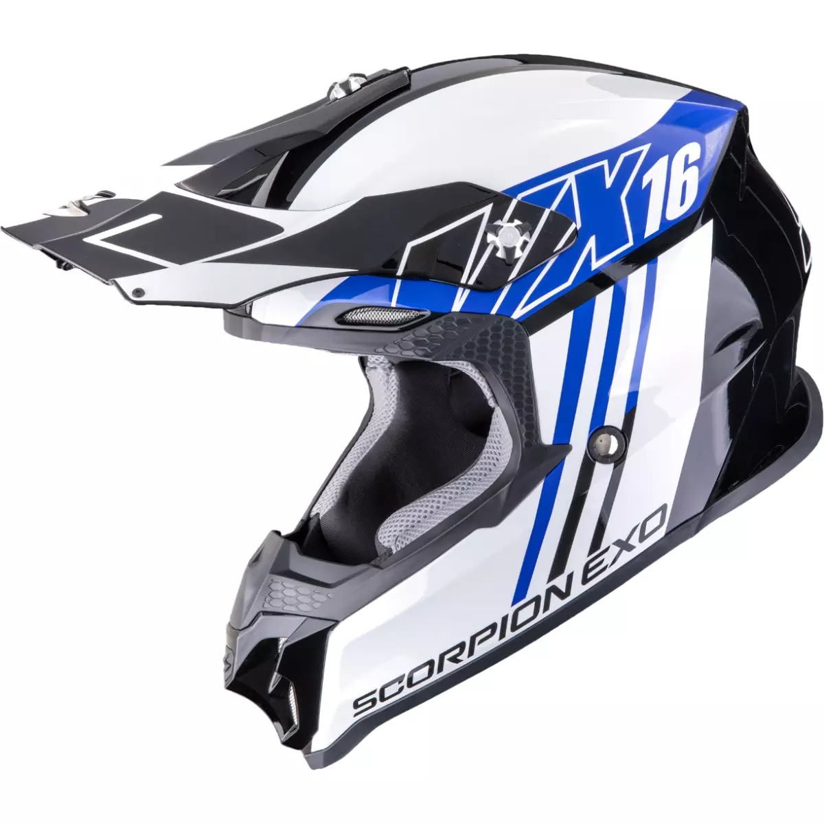 Casque Cross Scorpion VX-16 Evo Air Lignes Noir Bleu Brillant