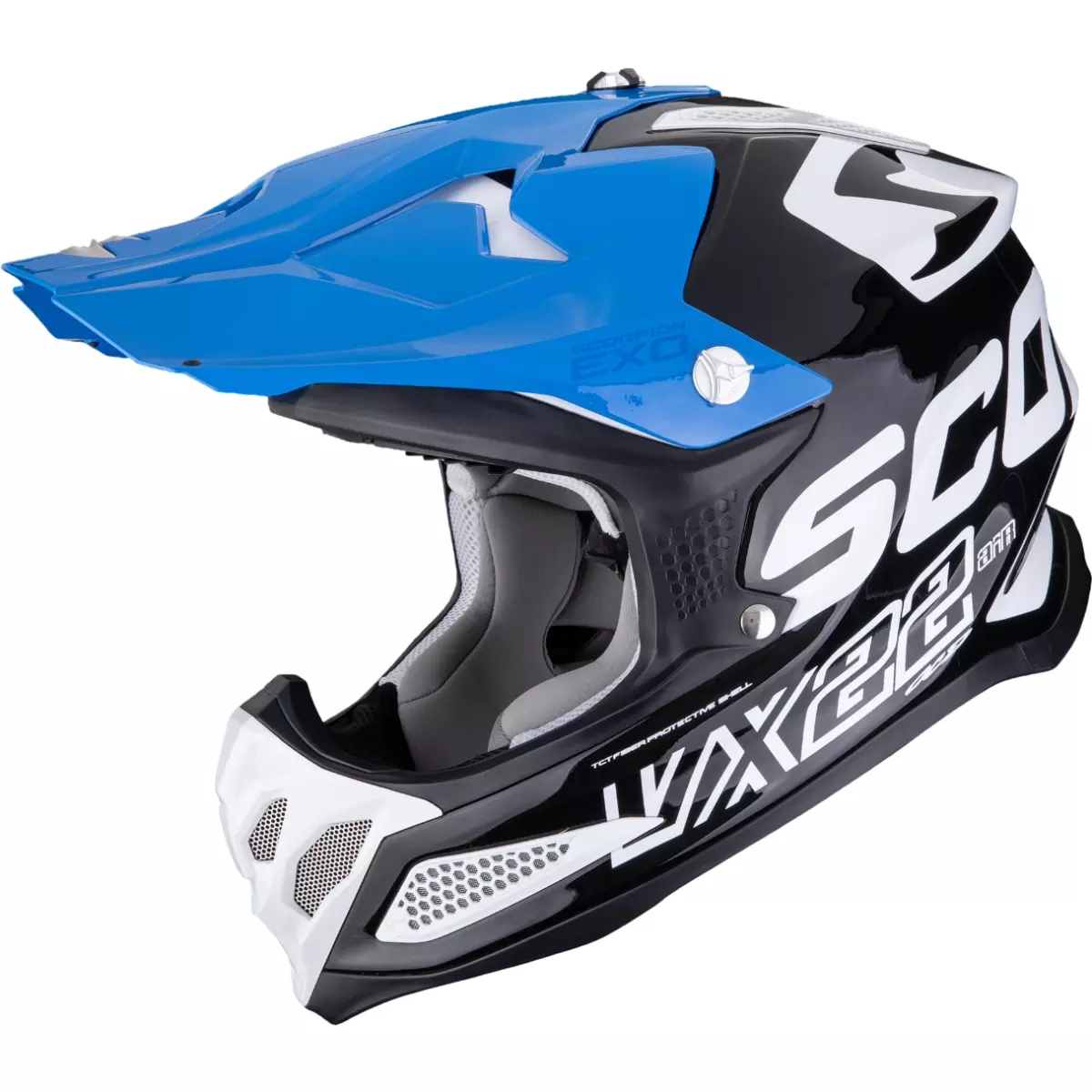 Casque Cross Scorpion VX-22 Air Updown Noir Blanc Bleu Brillant