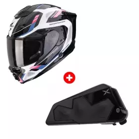 Pack Casque Scorpion Exo-1500 Air Sleek Blanc Noir Rose + Intercom Bluetooth Scorpion Exo-Com Link-1C Solo
