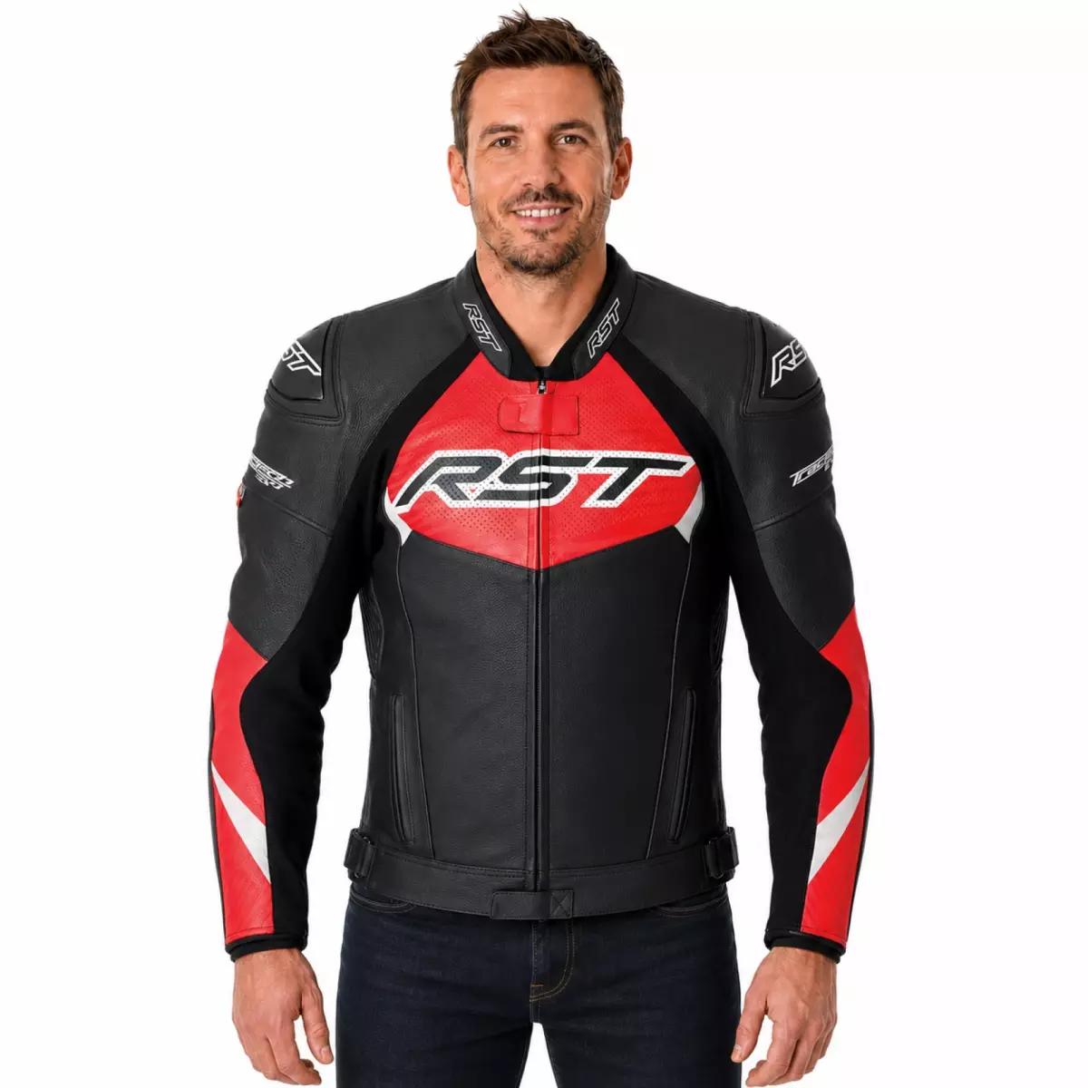 Blouson RST Tractech Evo D3O Cuir Noir Rouge Fluo