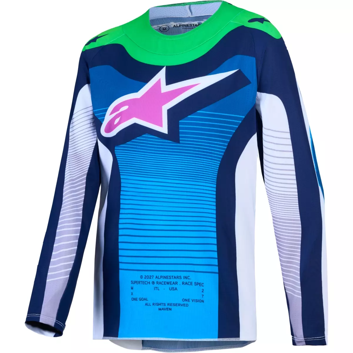 Maillot Cross Alpinestars Youth Supertech Maven Blanc Bleu Ciel Vert Fluo