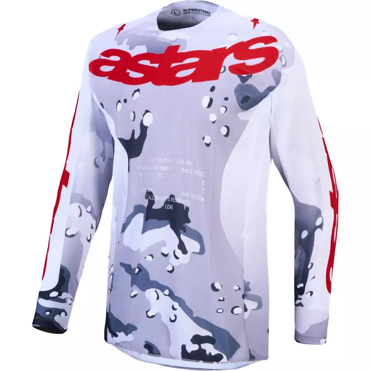 Maillot Cross Alpinestars Racer Air Lone Gris Blanc Camo Rouge Feu