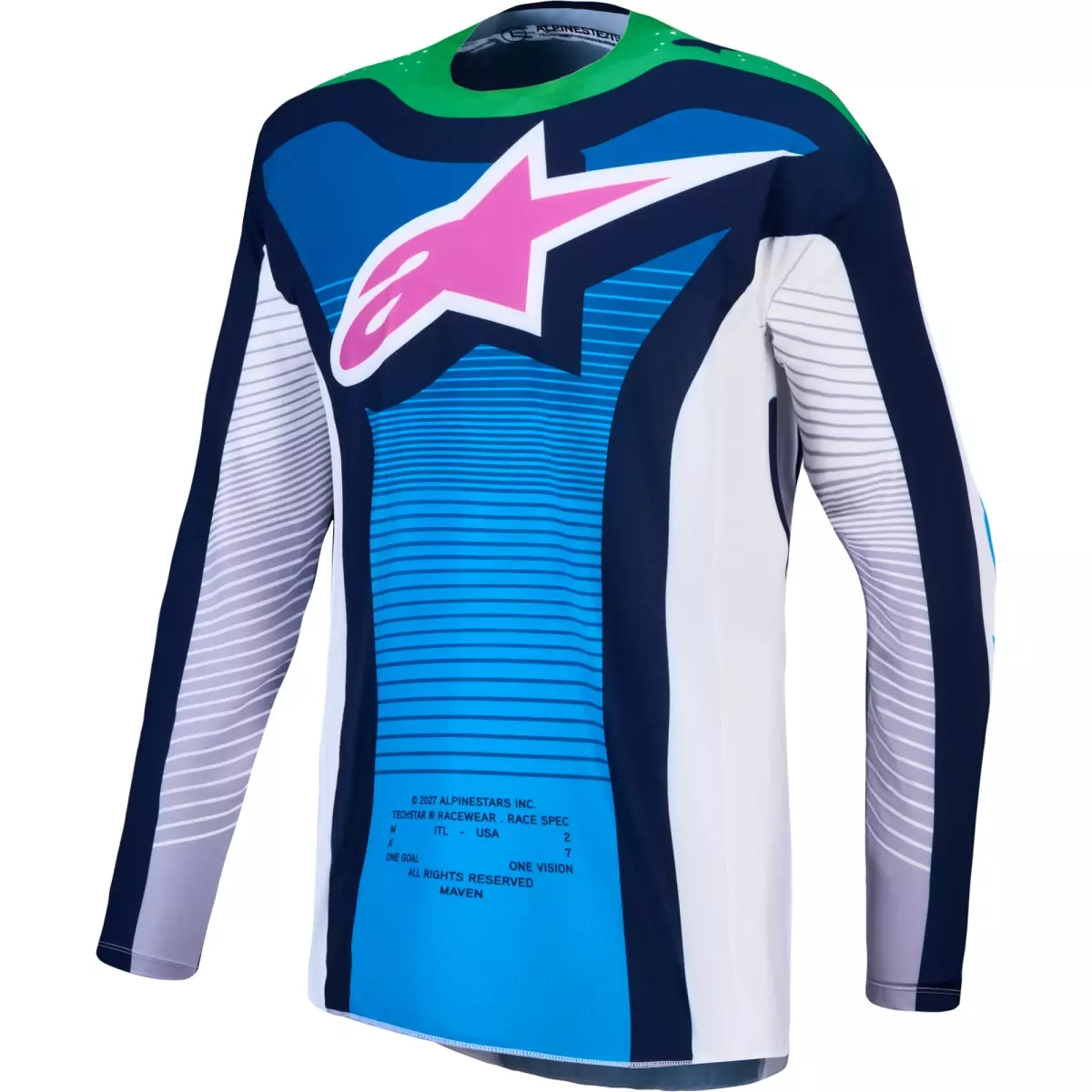 Maillot Cross Alpinestars Techstar Maven Blanc Bleu Ciel Vert Fluo