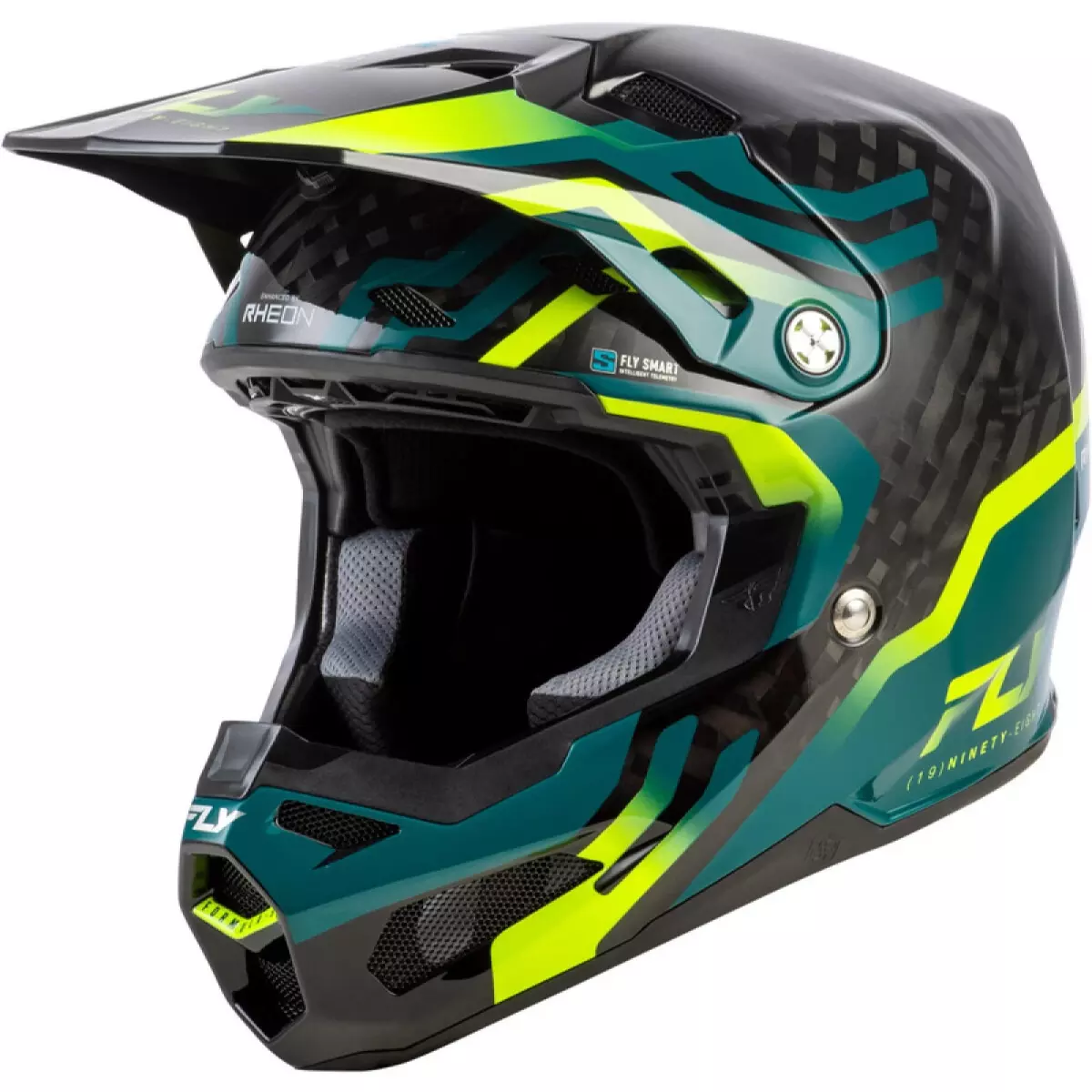 Casque Cross Fly Racing Formula S Carbon Byte Noir Carbone Bleu Canard Vert Citron