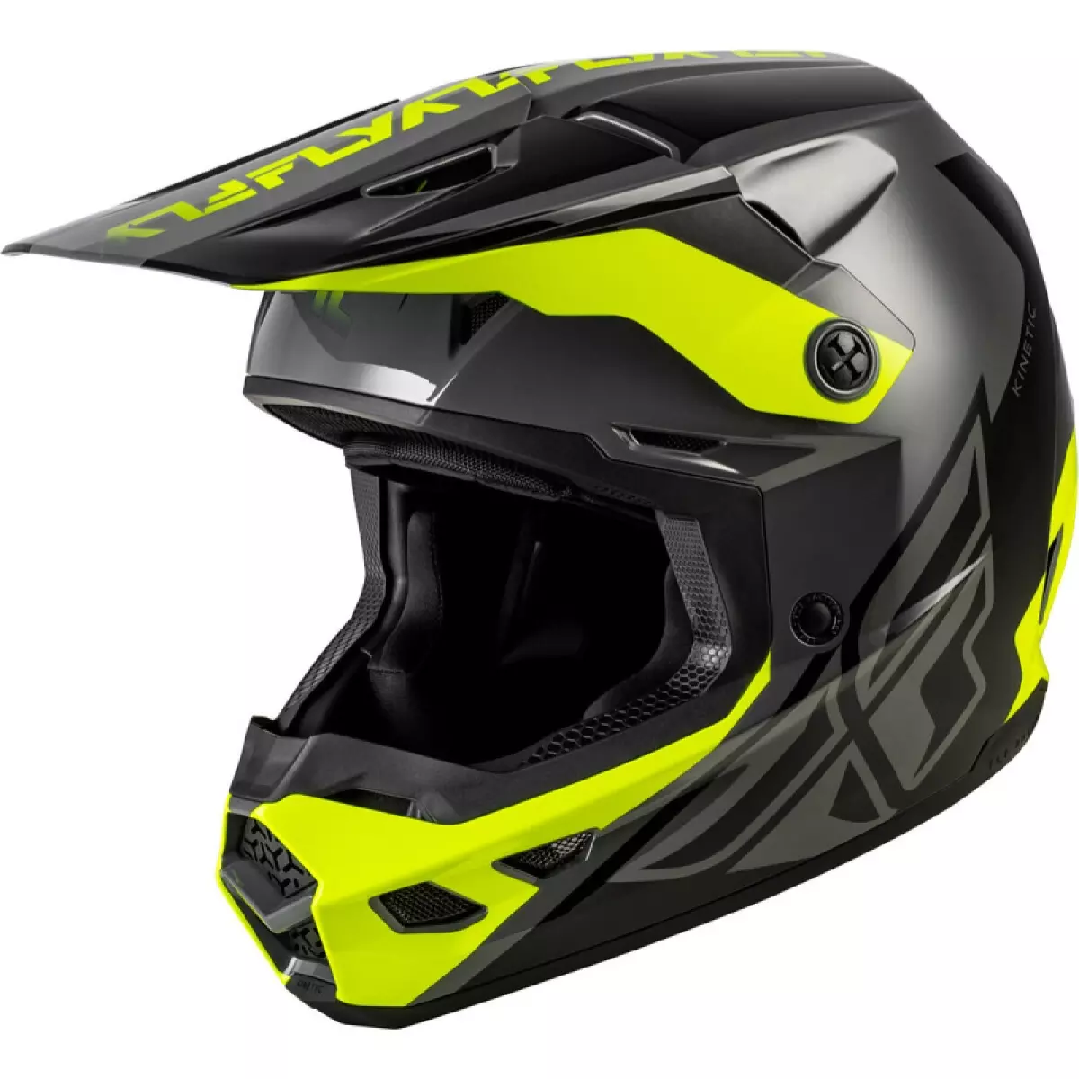 Casque Cross Fly Racing Kinetic Crest Gris Noir Jaune Fluo